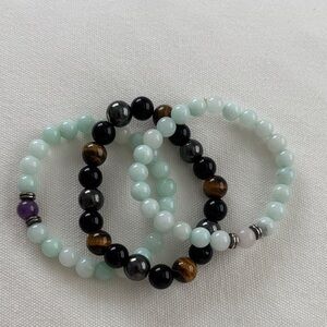 Stackable Beaded Stretch Bracelets in Light Green, Black and Brown - Unbranded